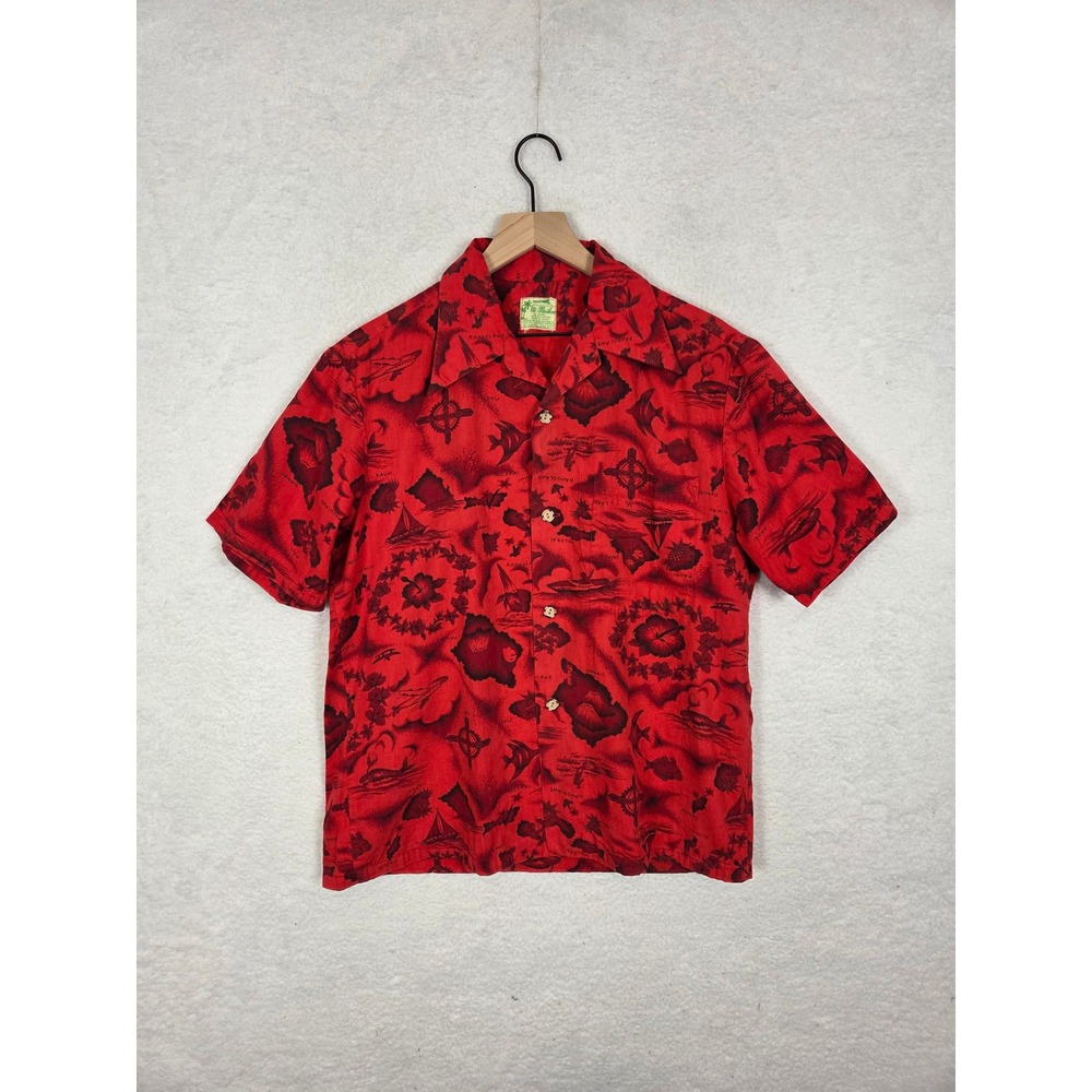 Vtg Ui-Maika Mens Hawaiian Camp Shirt Red Cotton Aloha Button Down L 60's